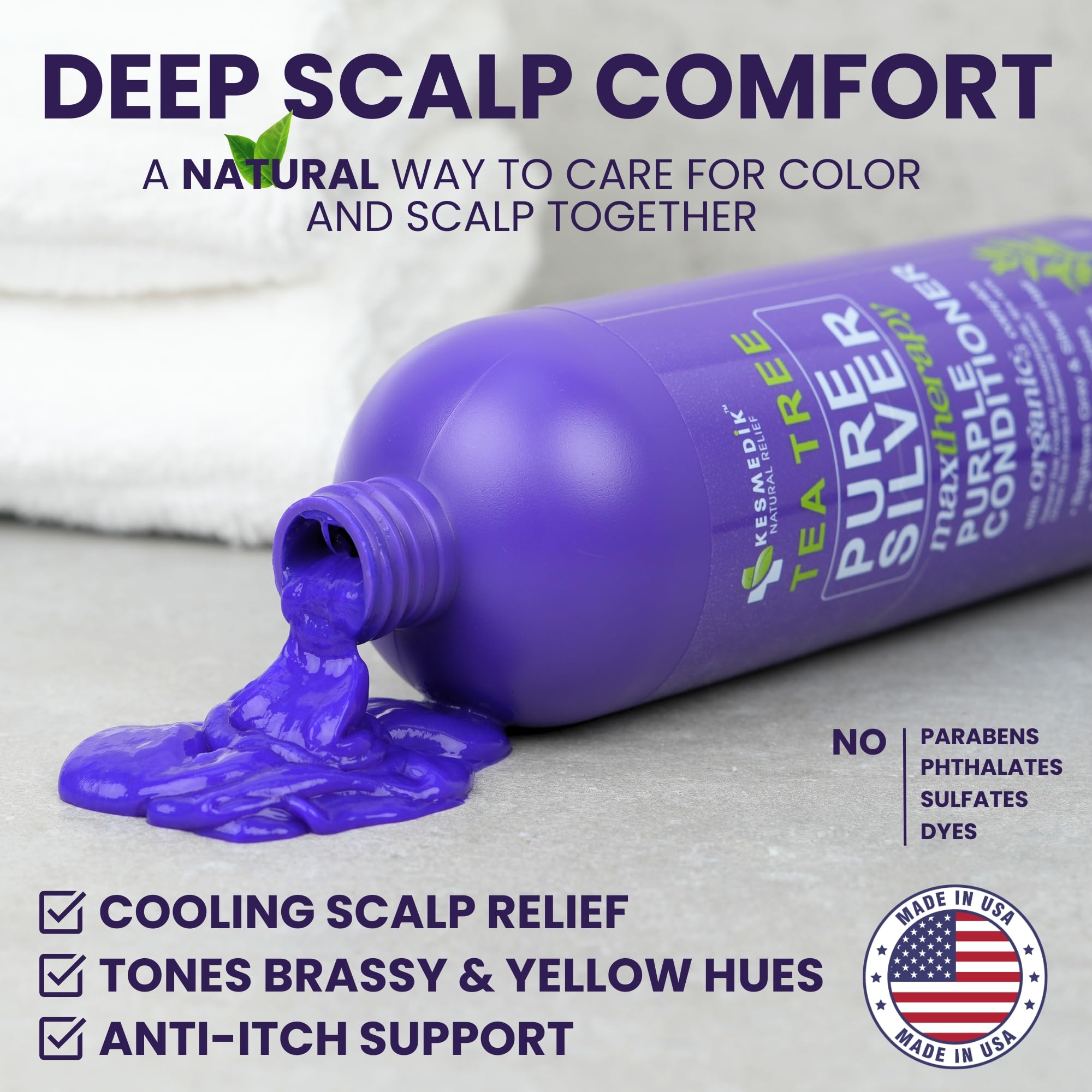 KESMEDIK Tea Tree Purple Conditioner adds shine and manageability to hair.