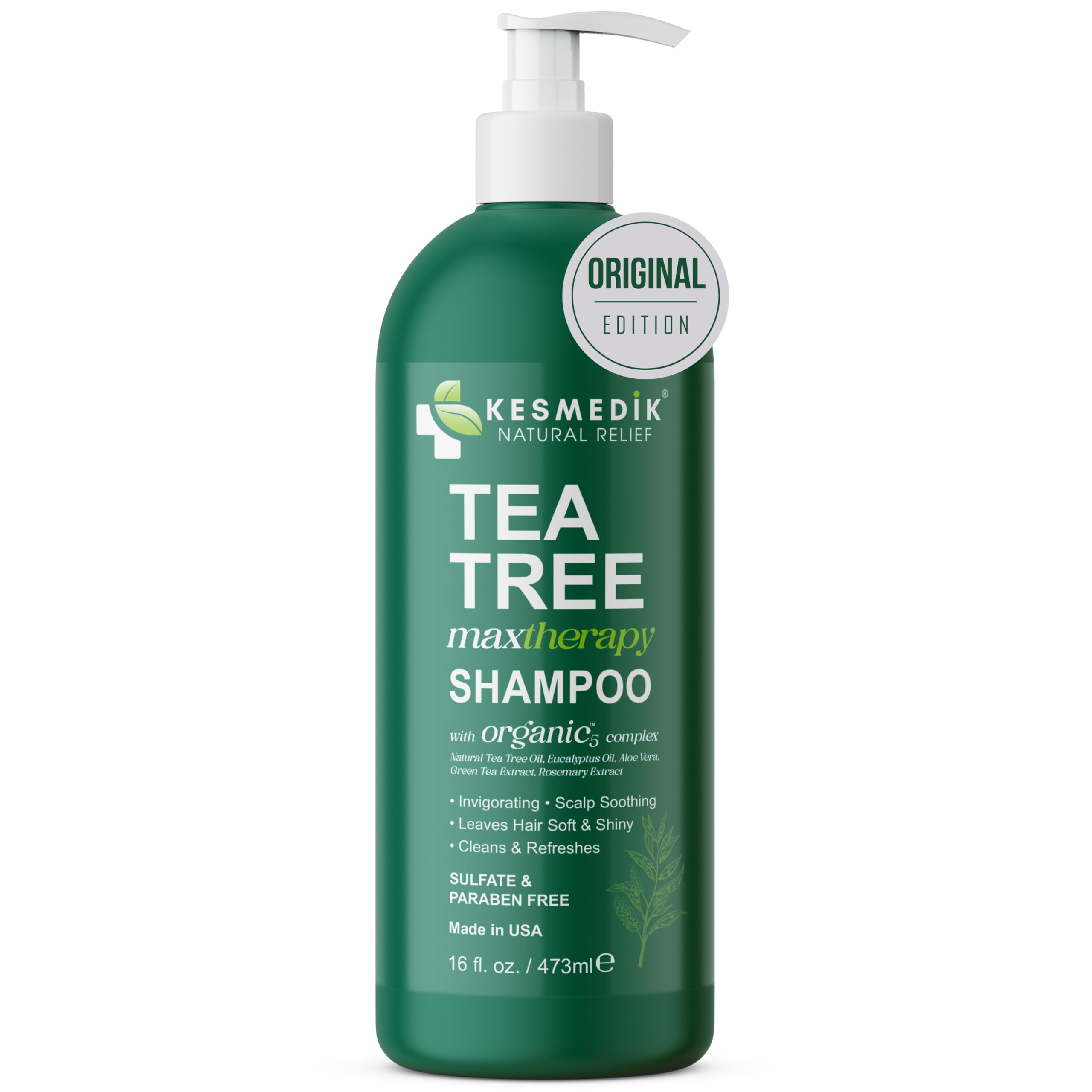 KESMEDIK Tea Tree Shampoo bottle for daily refreshing cleanse of oily scalps.