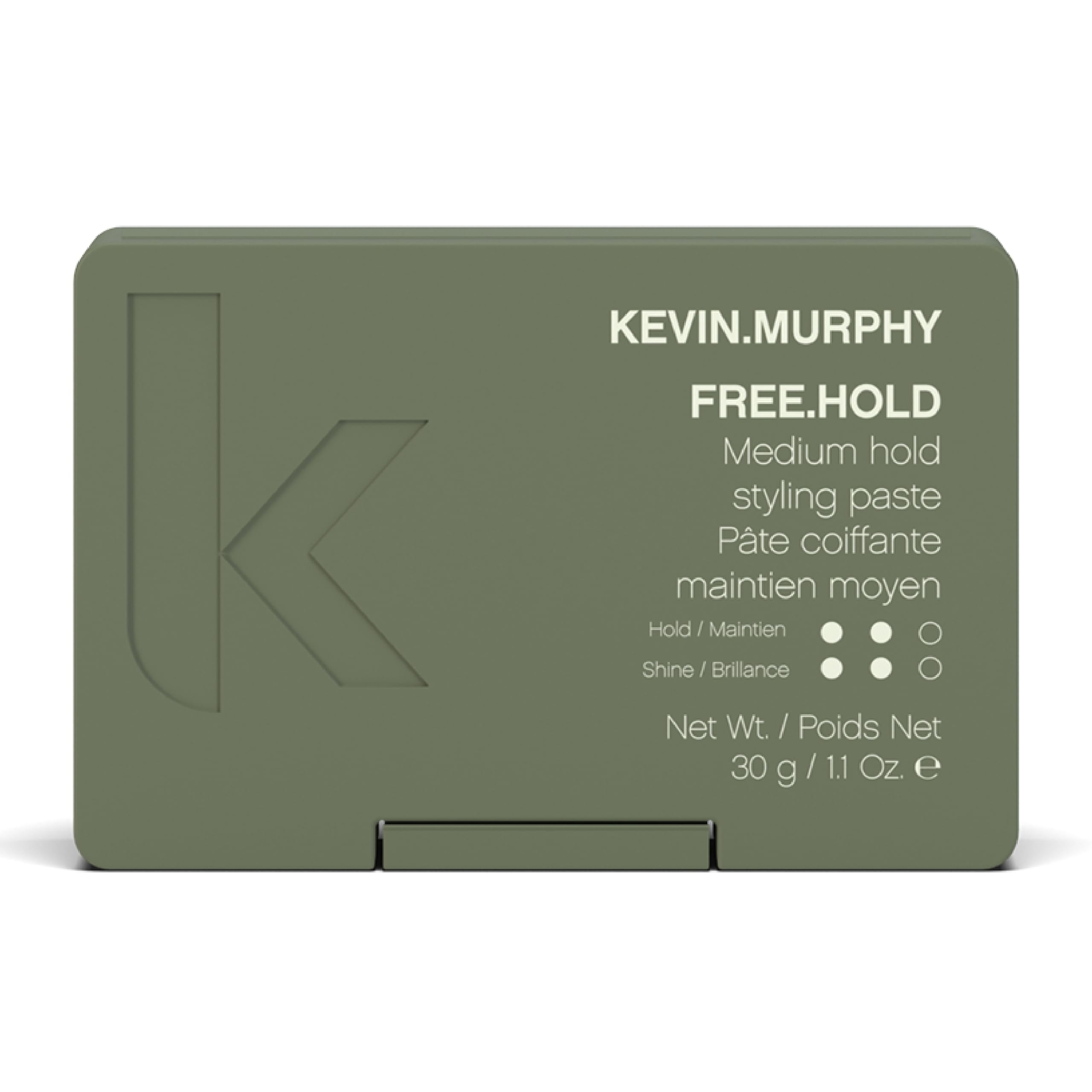 Kevin.Murphy FREE.HOLD jar closeup highlights creamy paste for flexible hold and natural shine.
