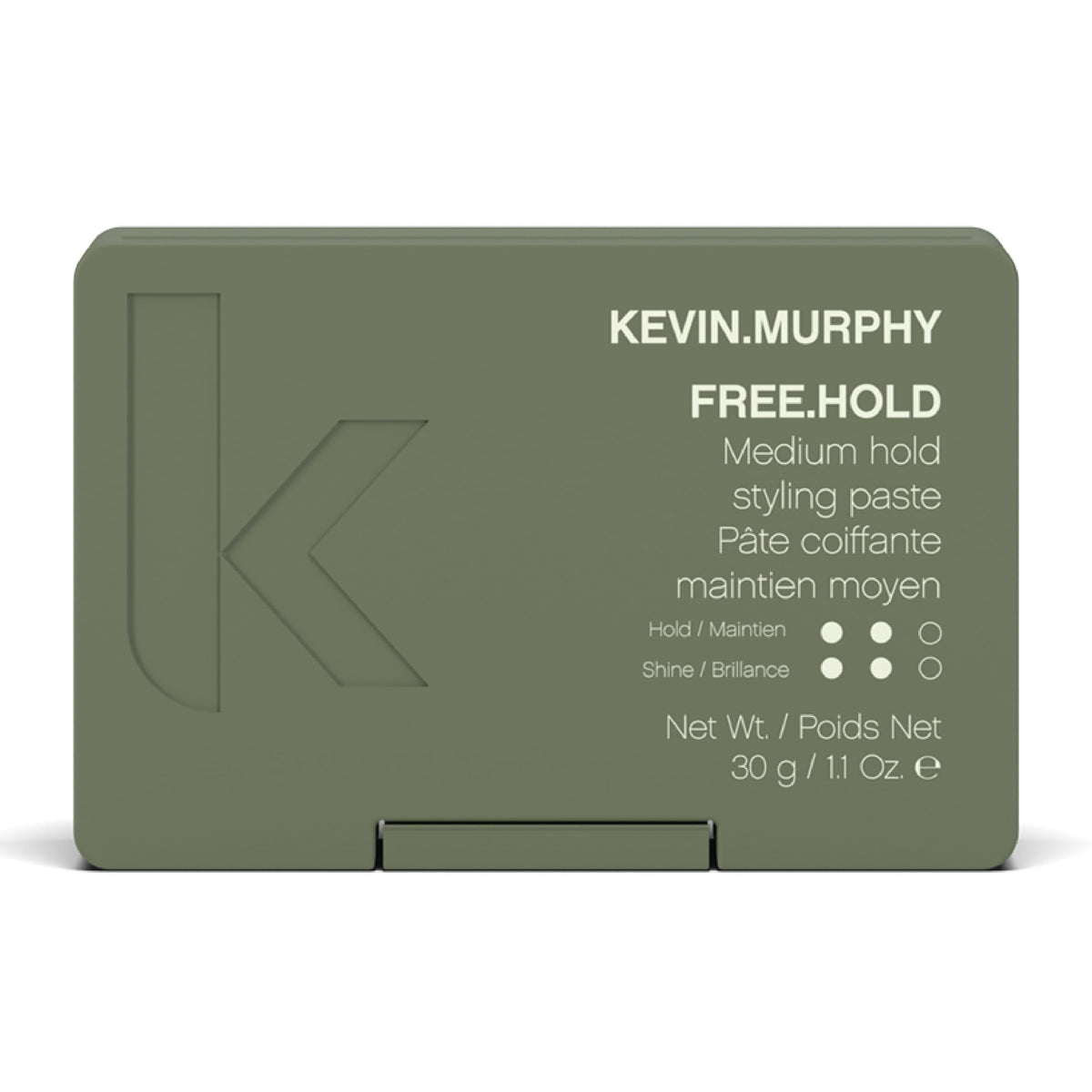 Kevin.Murphy FREE.HOLD jar closeup highlights creamy paste for flexible hold and natural shine.