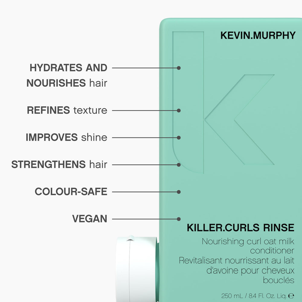 KEVIN.MURPHY KILLER.CURLS RINSE amber bottle highlighting premium color-safe care.