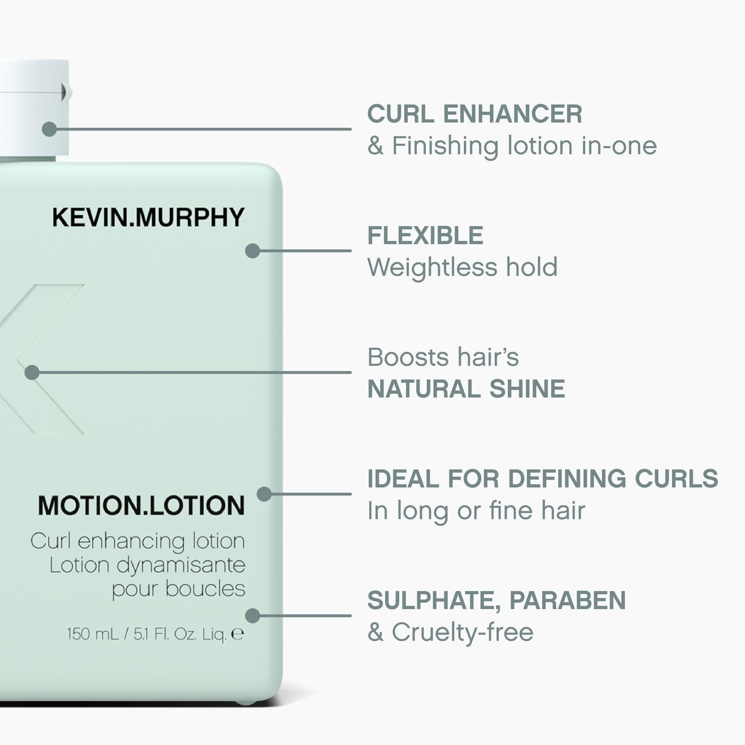 KEVIN.MURPHY MOTION.LOTION bottle highlighting nourishing sesame and bergamot oils.
