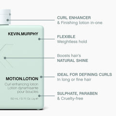 KEVIN.MURPHY MOTION.LOTION bottle highlighting nourishing sesame and bergamot oils.