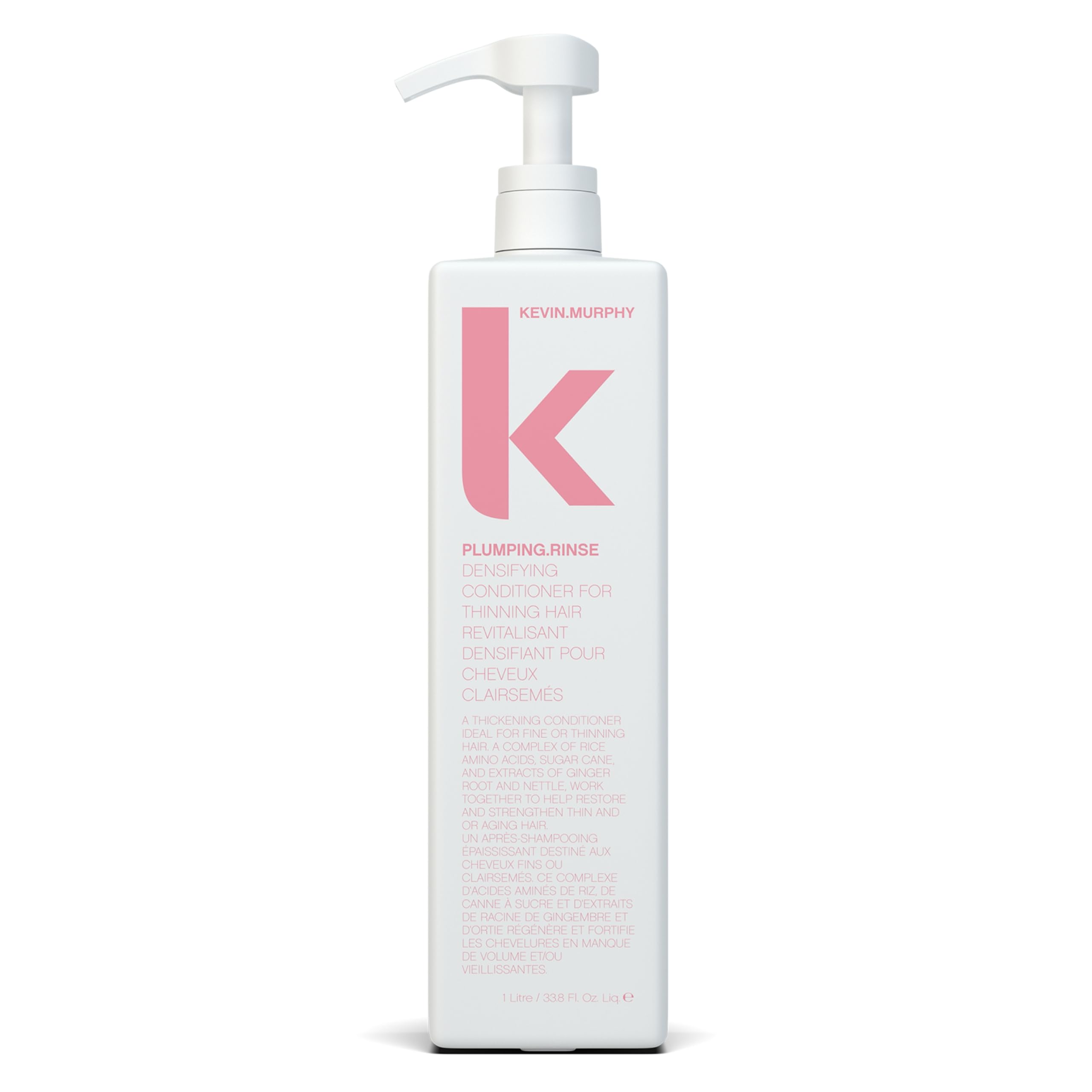 KEVIN.MURPHY PLUMPING.RINSE bottle closeup highlighting hydrating formula for hair