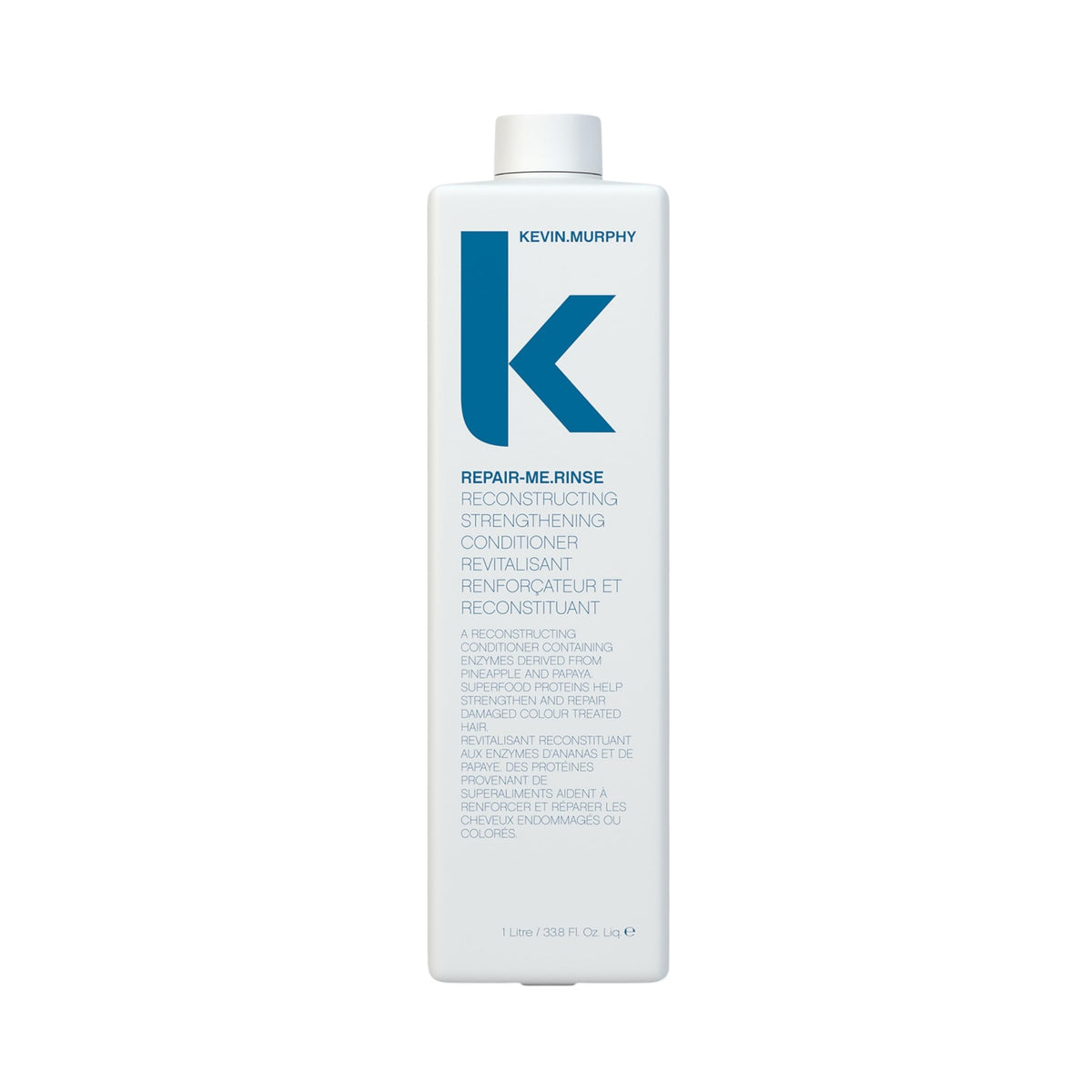 KEVIN.MURPHY REPAIR-ME.RINSE bottle top view highlights hydrating repair for all hair types.