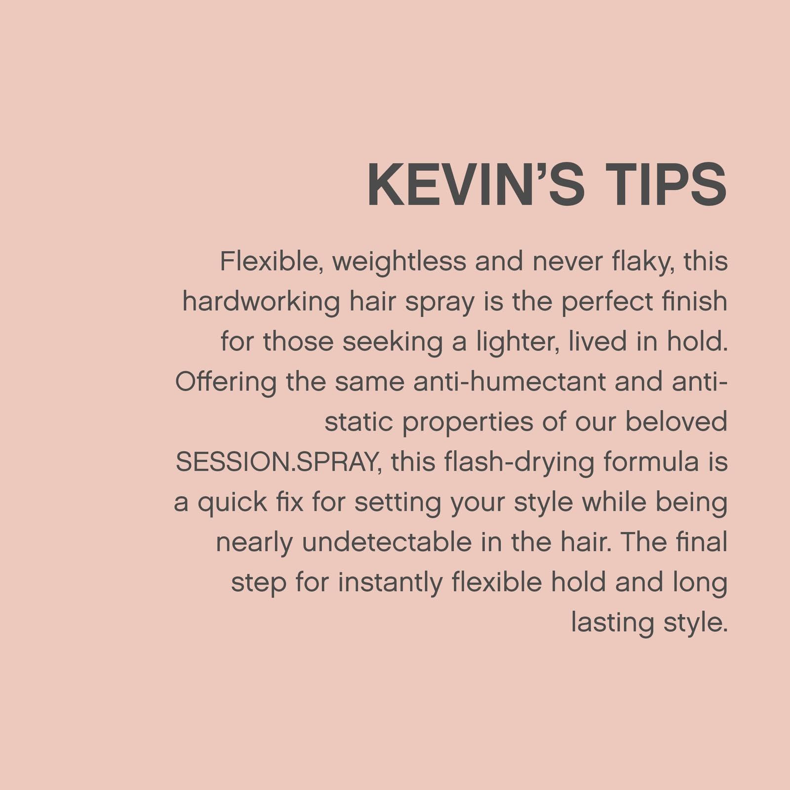 KEVIN.MURPHY SESSION.SPRAY FLEX bottle close-up shows botanical elasticity blend.