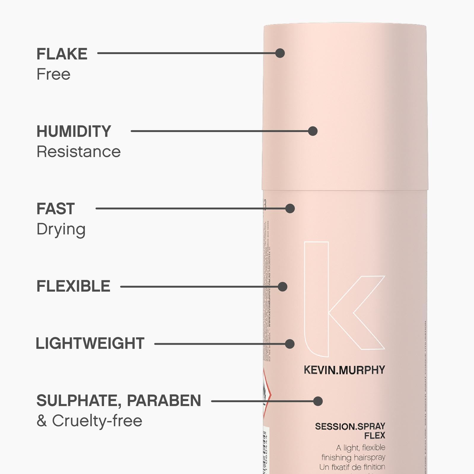 KEVIN.MURPHY SESSION.SPRAY FLEX bottle close-up highlights humidity resistance.