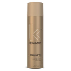 Kevin Murphy Session Strong Hold Finishing Spray bottle demonstrates flexible hold and shine.