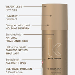 Kevin Murphy Session Strong Hold Spray delivering a radiant shine with flexible hold.