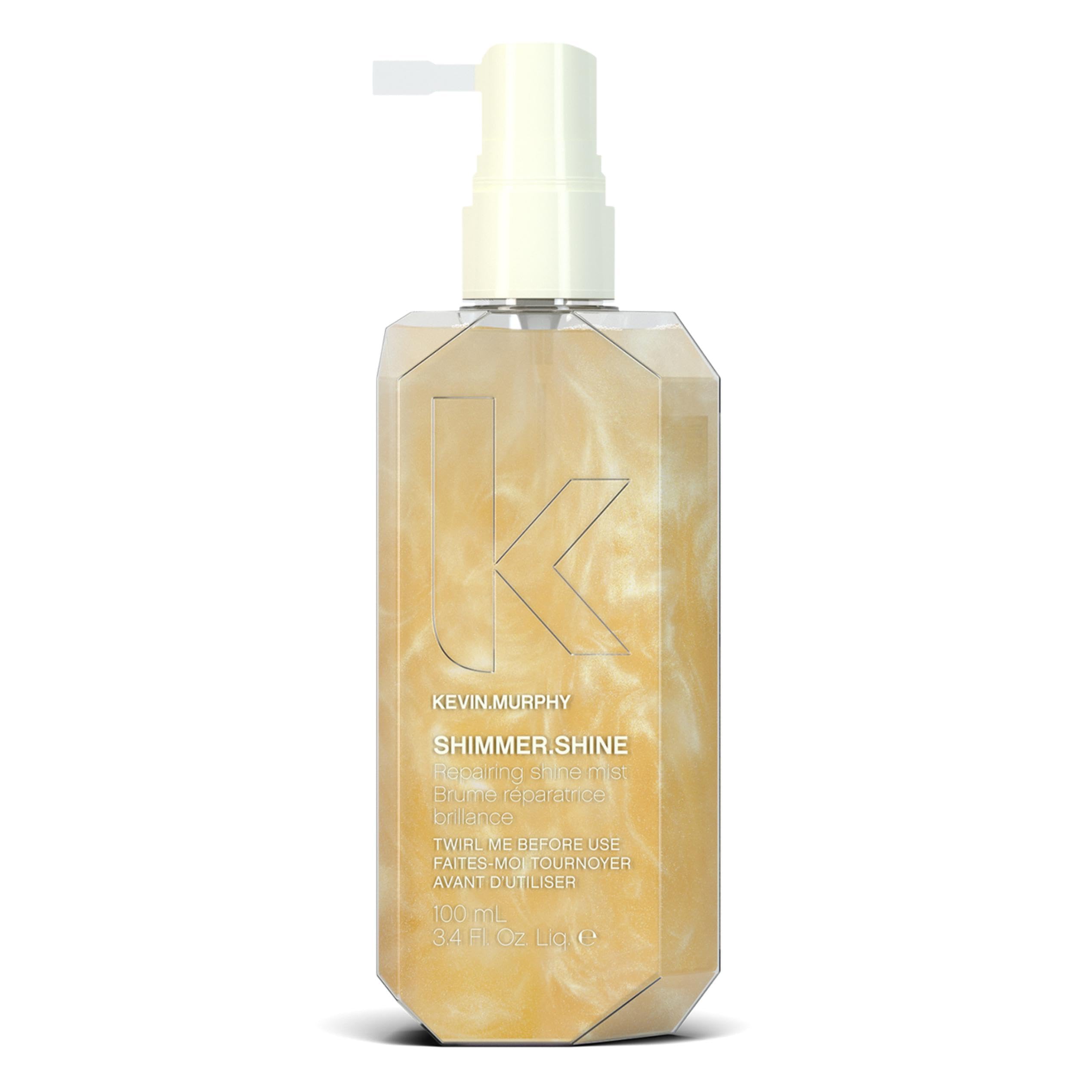 KEVIN.MURPHY SHIMMER.SHINE bottle closeup shows radiant shine boost.