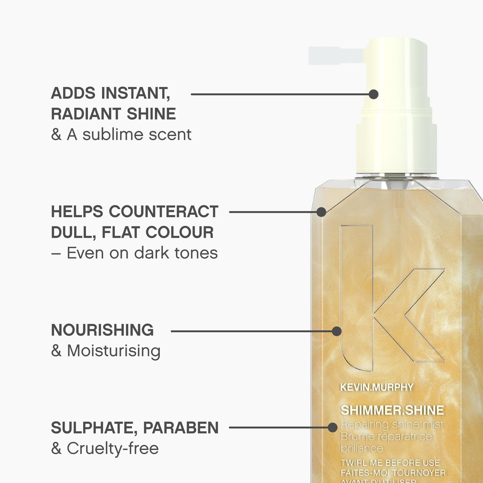 KEVIN.MURPHY SHIMMER.SHINE sheer mist providing lightweight hydration.