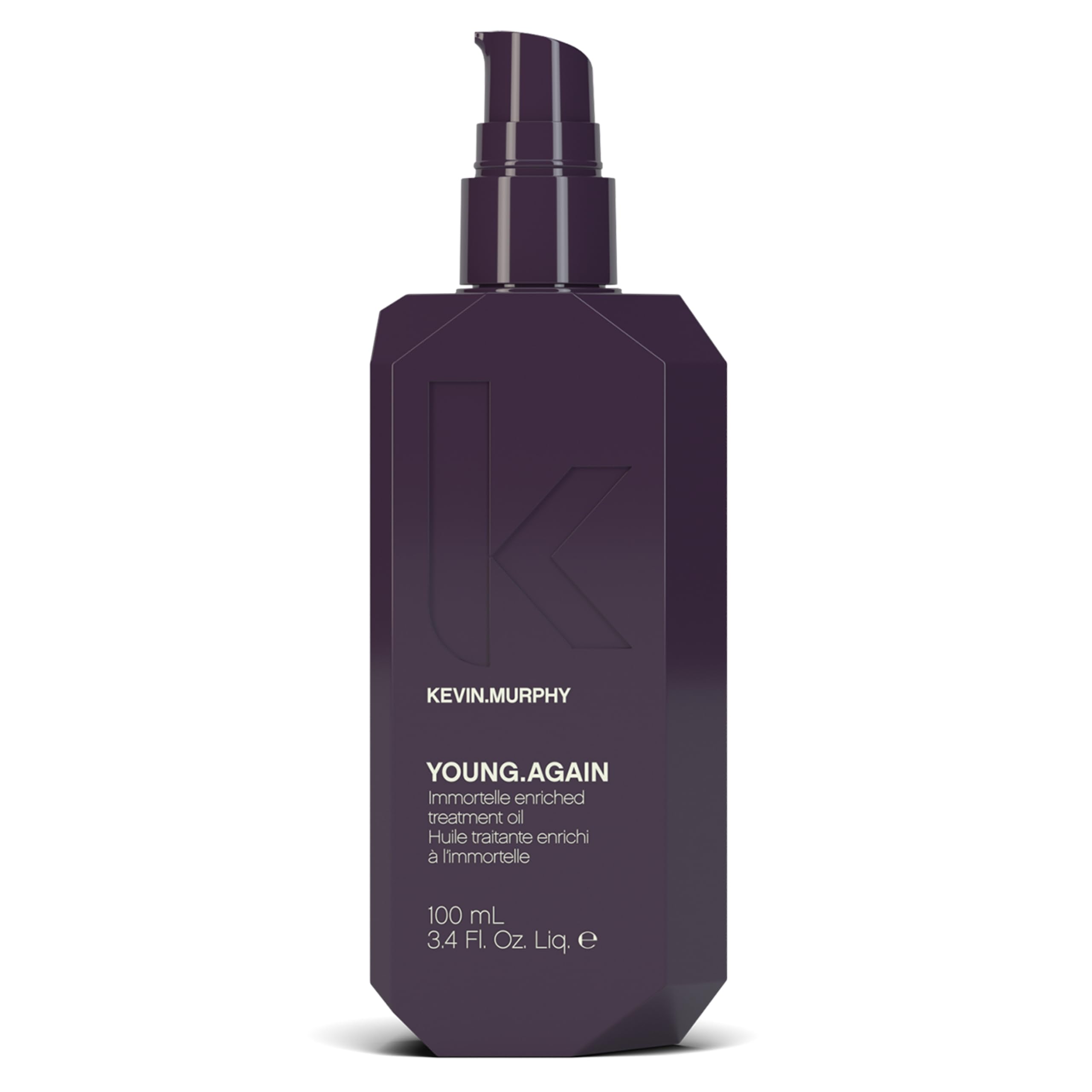 Kevin Murphy Young Again bottle closeup highlights nourishing formula for healthier-feeling hair.