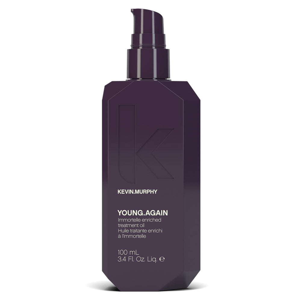 Kevin Murphy Young Again bottle closeup highlights nourishing formula for healthier-feeling hair.