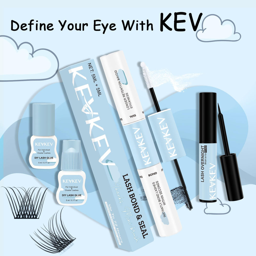 KevKev dual-end bottle with quick-start usage guide for Lash Bond and Seal.