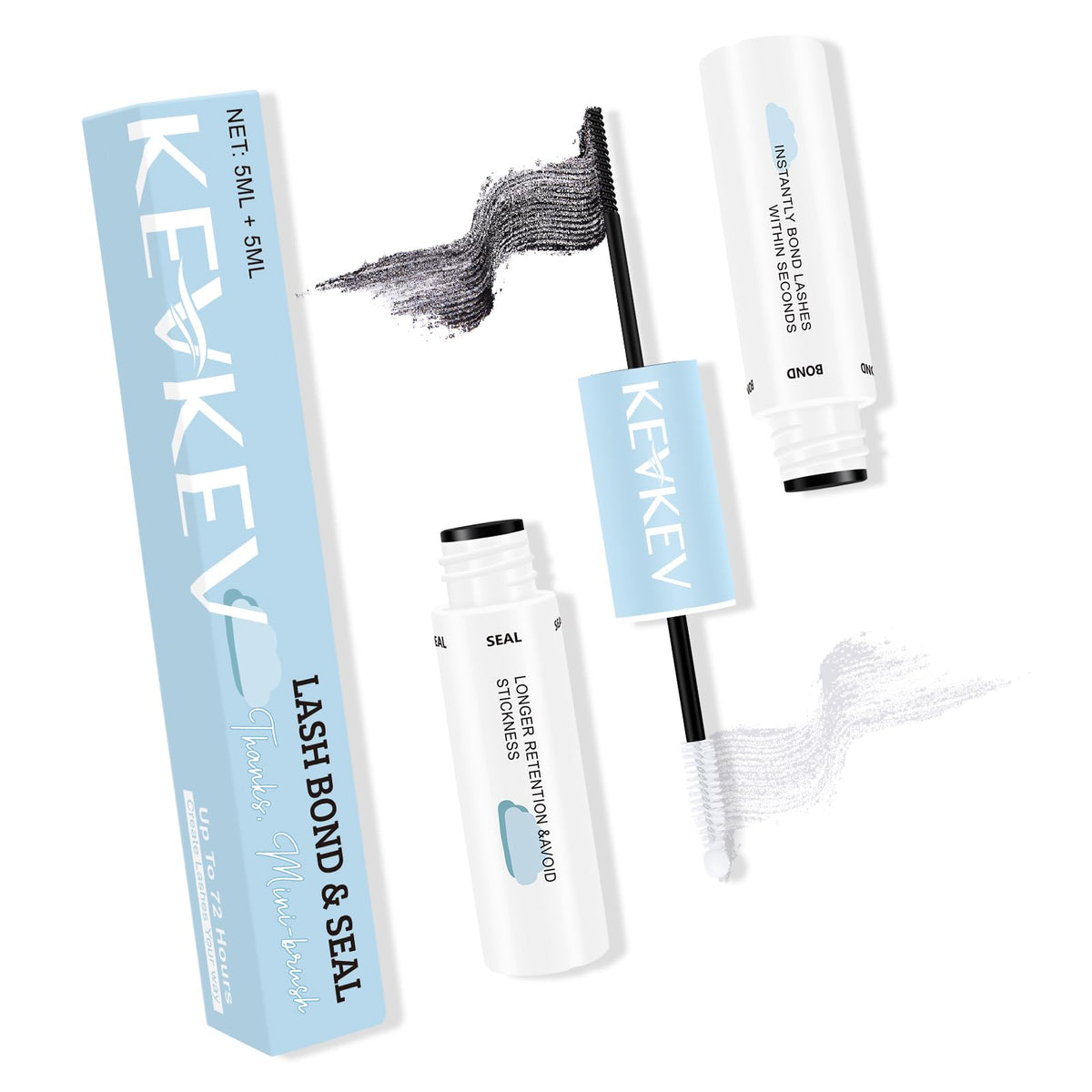 KevKev Lash Bond and Seal tube close-up showing dual-end formula for long-lasting lash hold.