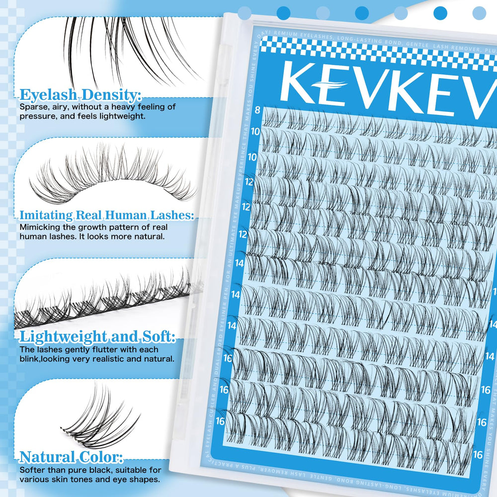 KevKev Wispy Lash Clusters kit with mix lengths creates customizable volume for different eye shapes.