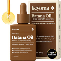Keyoma Batana Oil with Rosemary bottle closeup for scalp nourishment and shine