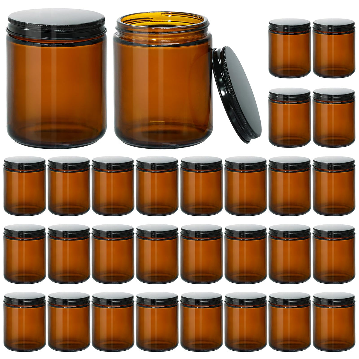 KEYWING 8oz amber glass jar with black lid for durable candle making and storage.