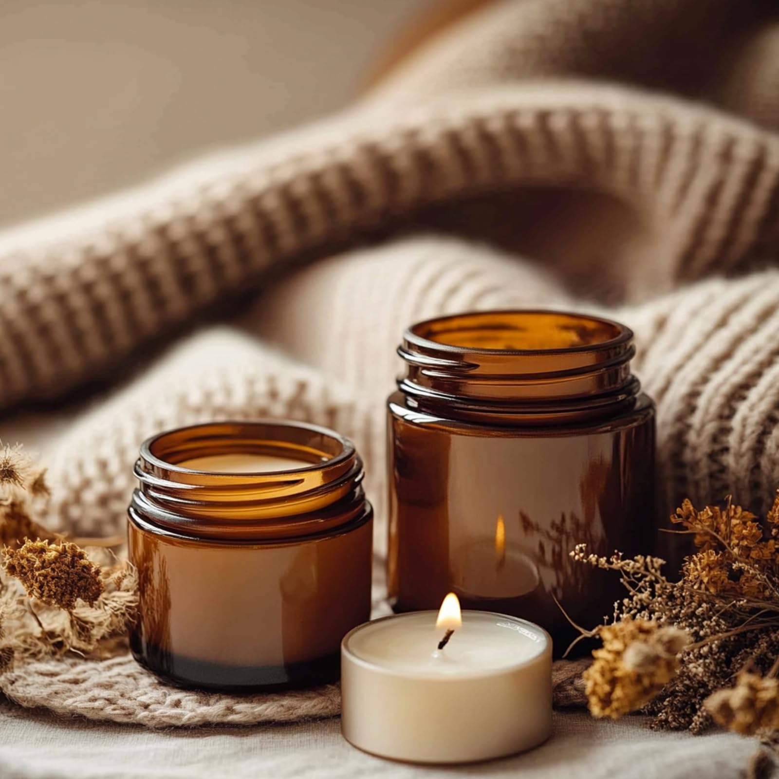 KeyWING candle-making uses amber glass to protect scents and maintain consistency.