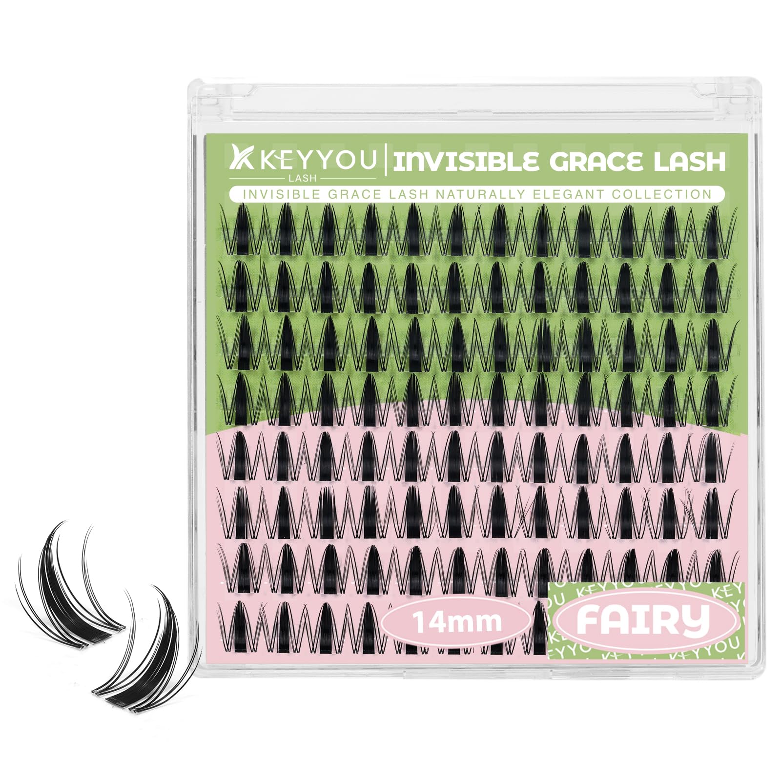 KEYYOU Fairy Lash Clusters 144Pcs D Curl 14mm close-up showcases invisible band for natural blend.