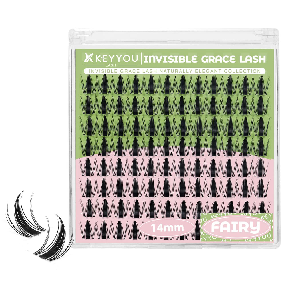 KEYYOU Fairy Lash Clusters 144Pcs D Curl 14mm close-up showcases invisible band for natural blend.
