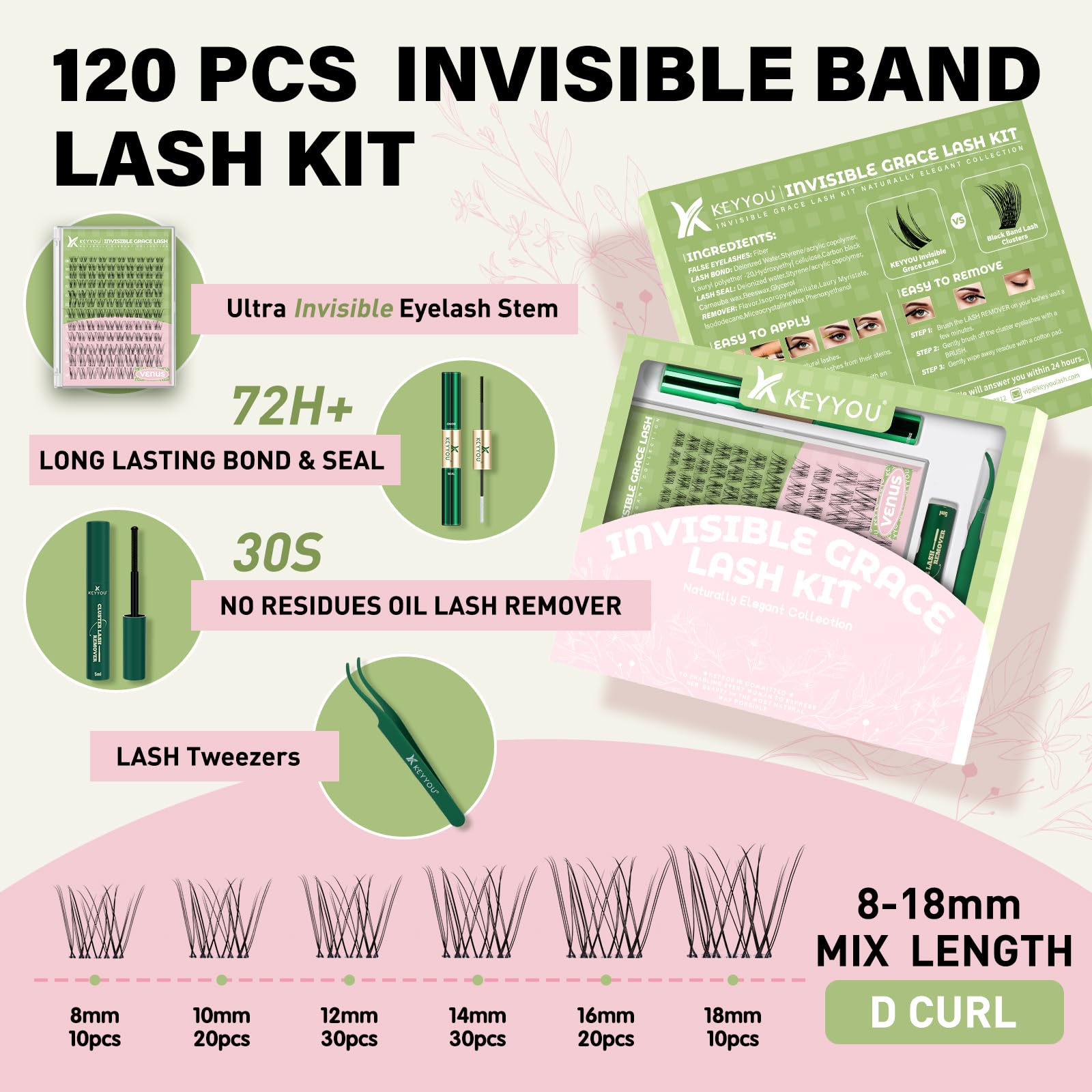 KEYYOU Fairy Venus lash clusters kit closeup shows ultra-thin invisible design for natural-looking lashes