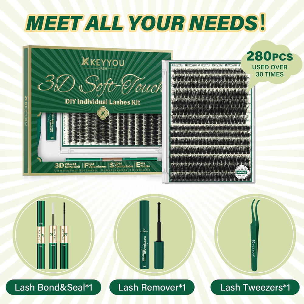 Different curl styles of KEYYOU Lash Clusters for customized eyelash enhancements.