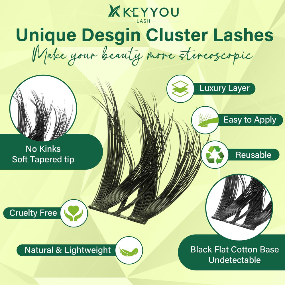 KEYYOU Lash Clusters D Curl Wispy collection highlighting curl definition and lift.