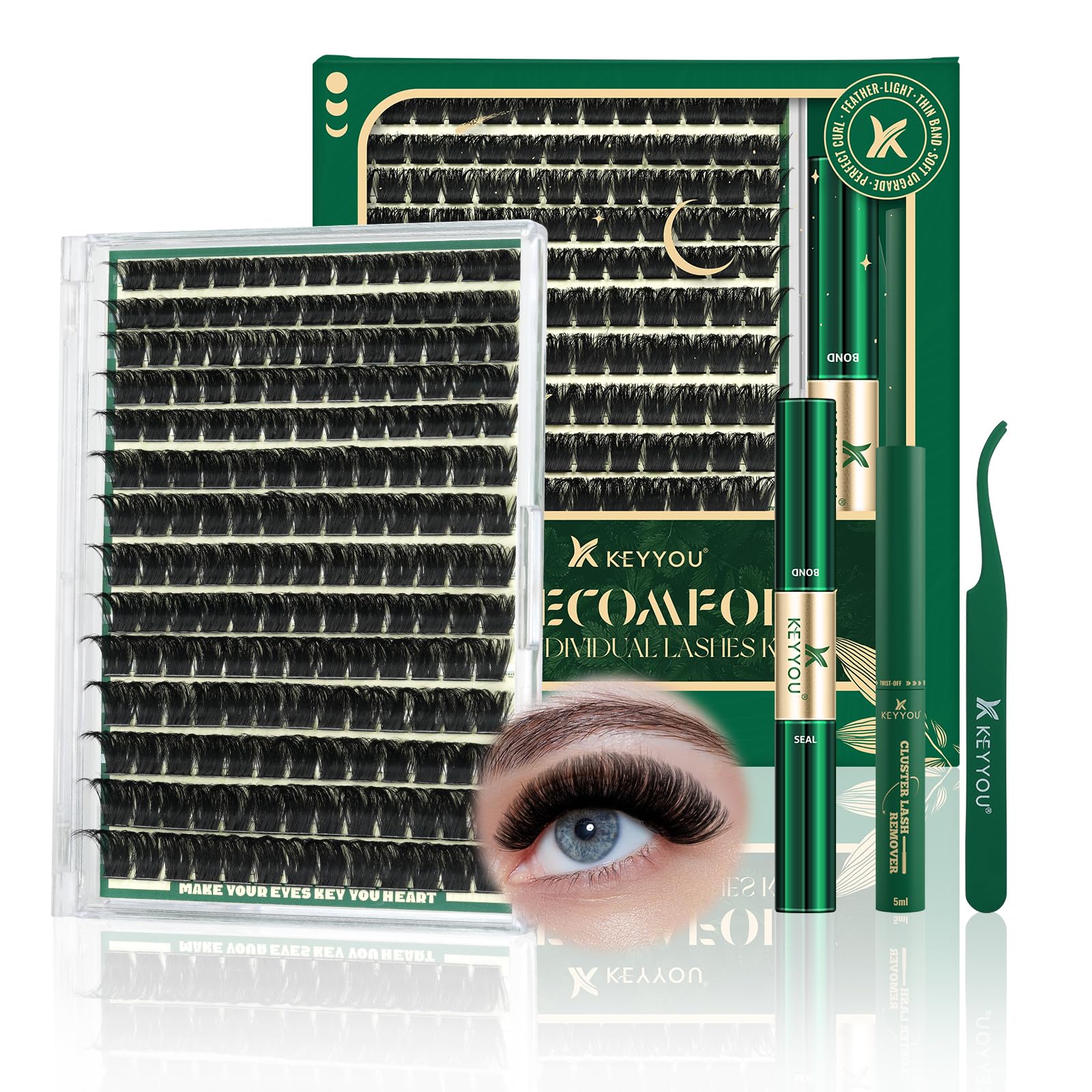 KEYYOU lash clusters kit 182pcs with soft 200D clusters for comfortable DIY extensions.