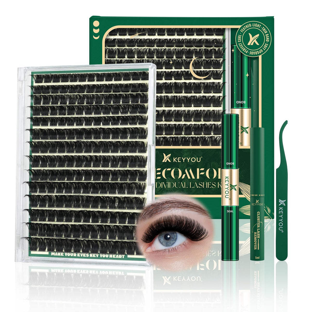 KEYYOU lash clusters kit 182pcs with soft 200D clusters for comfortable DIY extensions.
