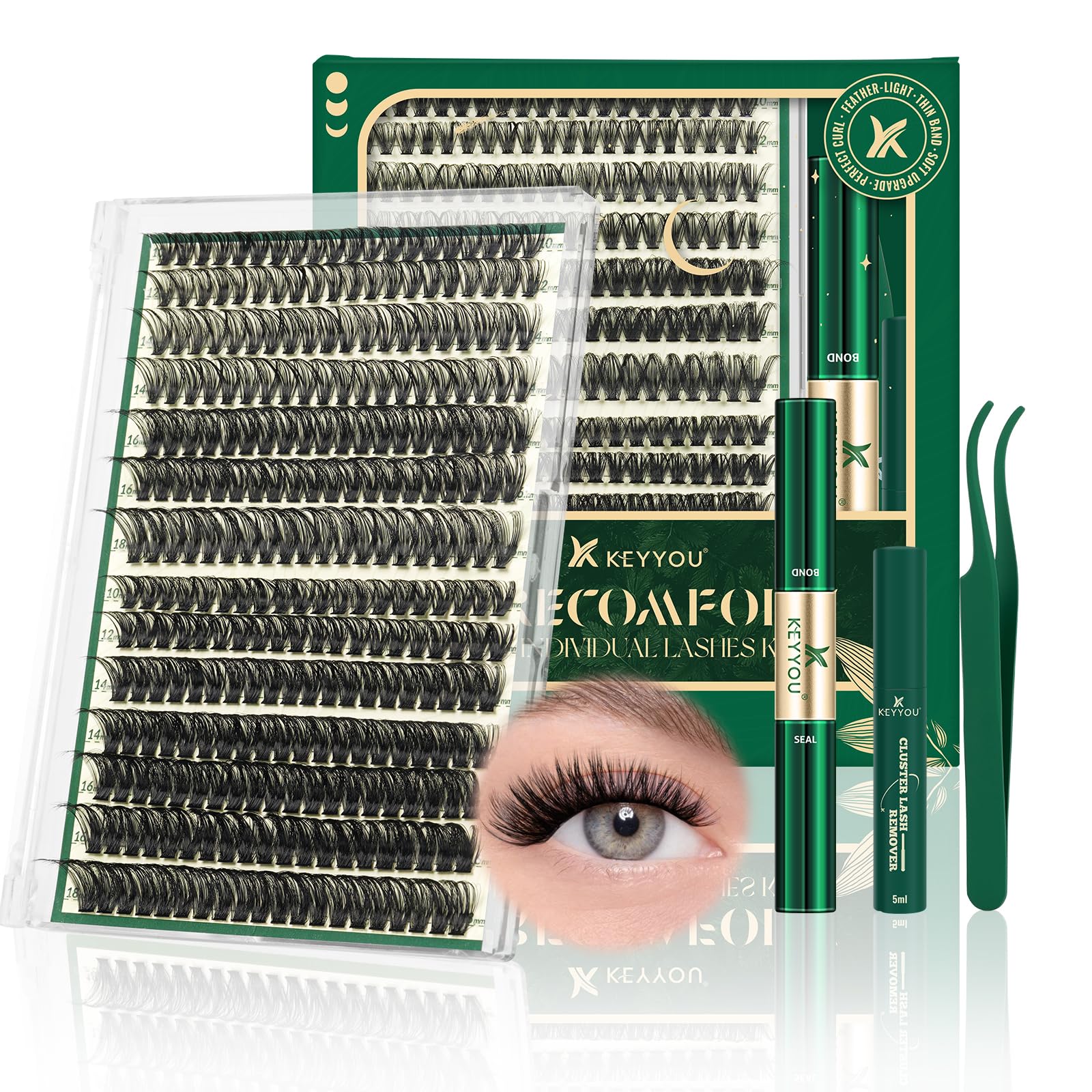 KEYYOU lash clusters kit box shows 280 pieces for easy at-home extensions.