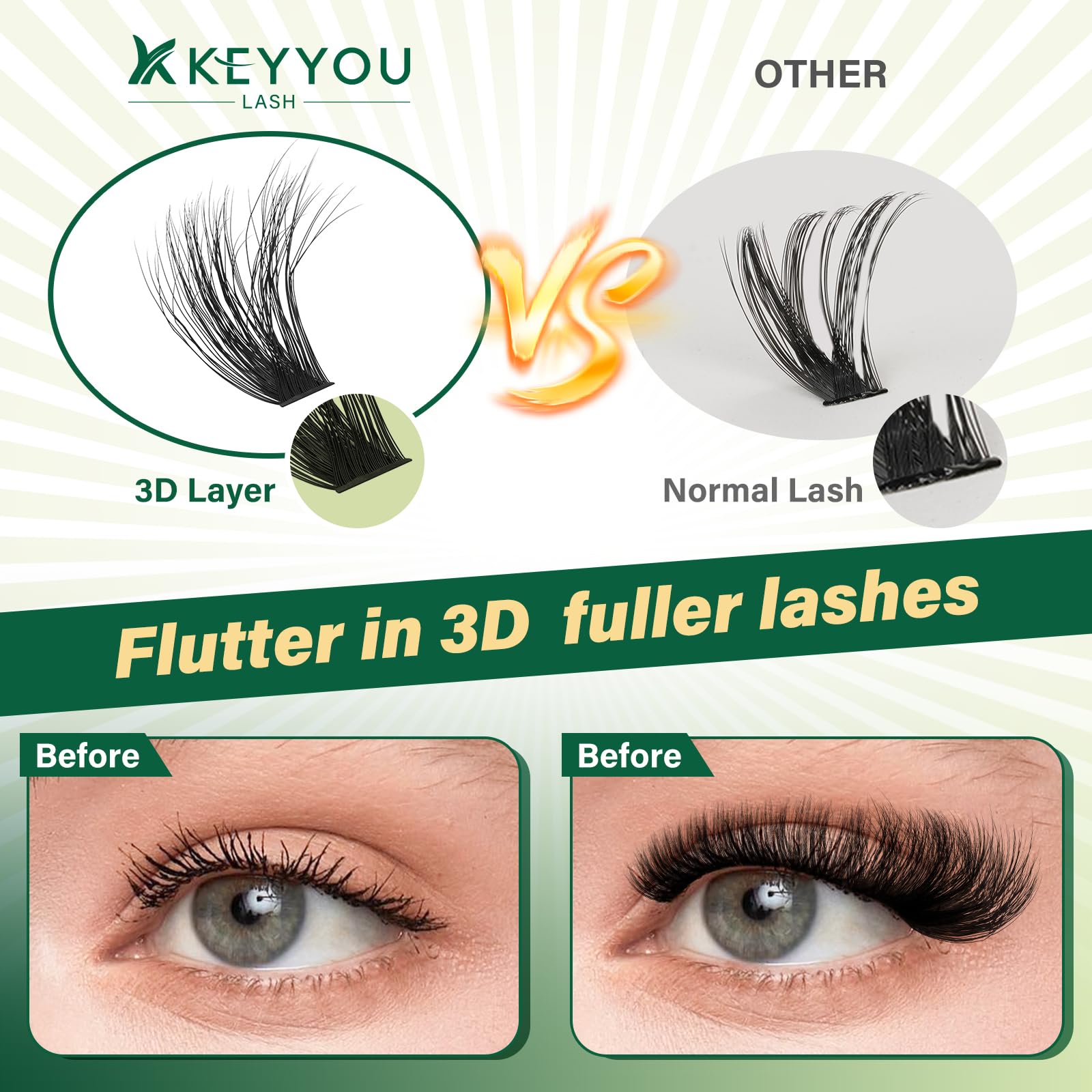 Close-up of wispy effect with KEYYOU Lash Clusters for natural look.