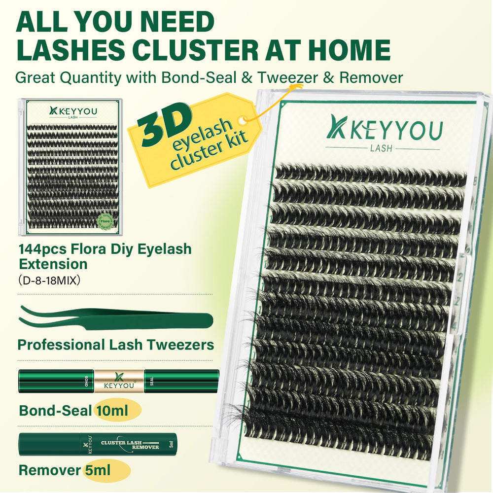 KEYYOU LASH Flora Clusters 144pcs laid out for quick, customizable 3D volume lashes.