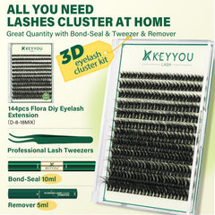 KEYYOU LASH Flora Clusters 144pcs laid out for quick, customizable 3D volume lashes.