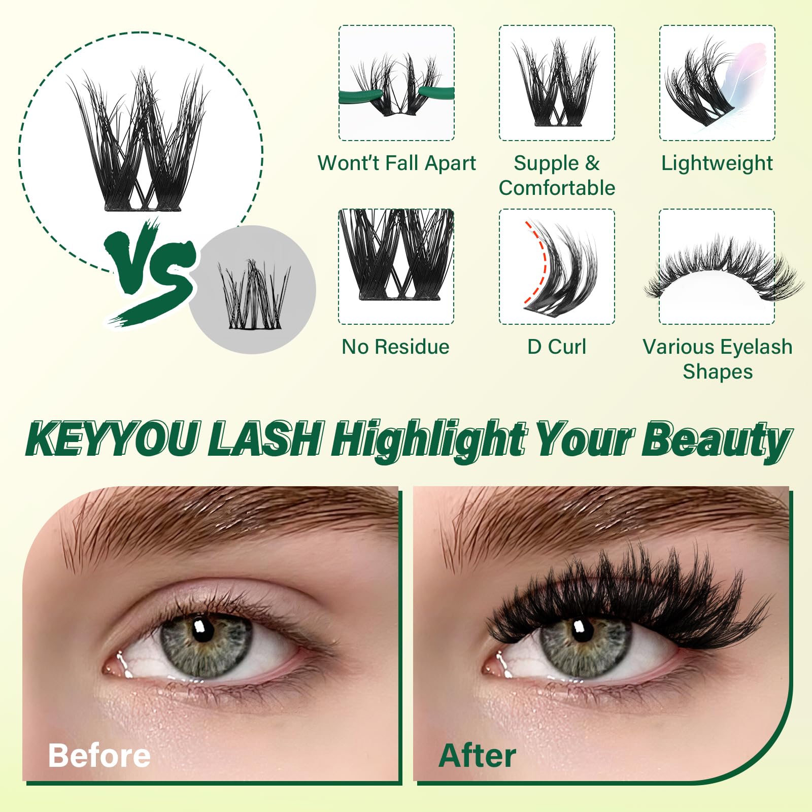KEYYOU LASH Flora Clusters 3D wispy effect adds natural-looking depth and texture.