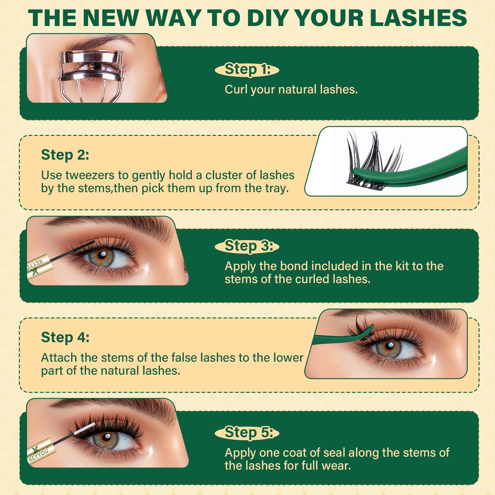 KEYYOU LASH clusters shown with glue for long-lasting, smudge-free wear.
