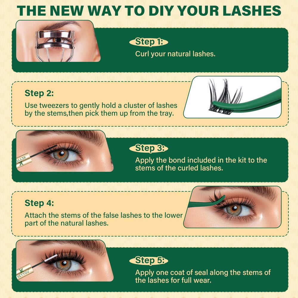 KEYYOU LASH clusters shown with glue for long-lasting, smudge-free wear.