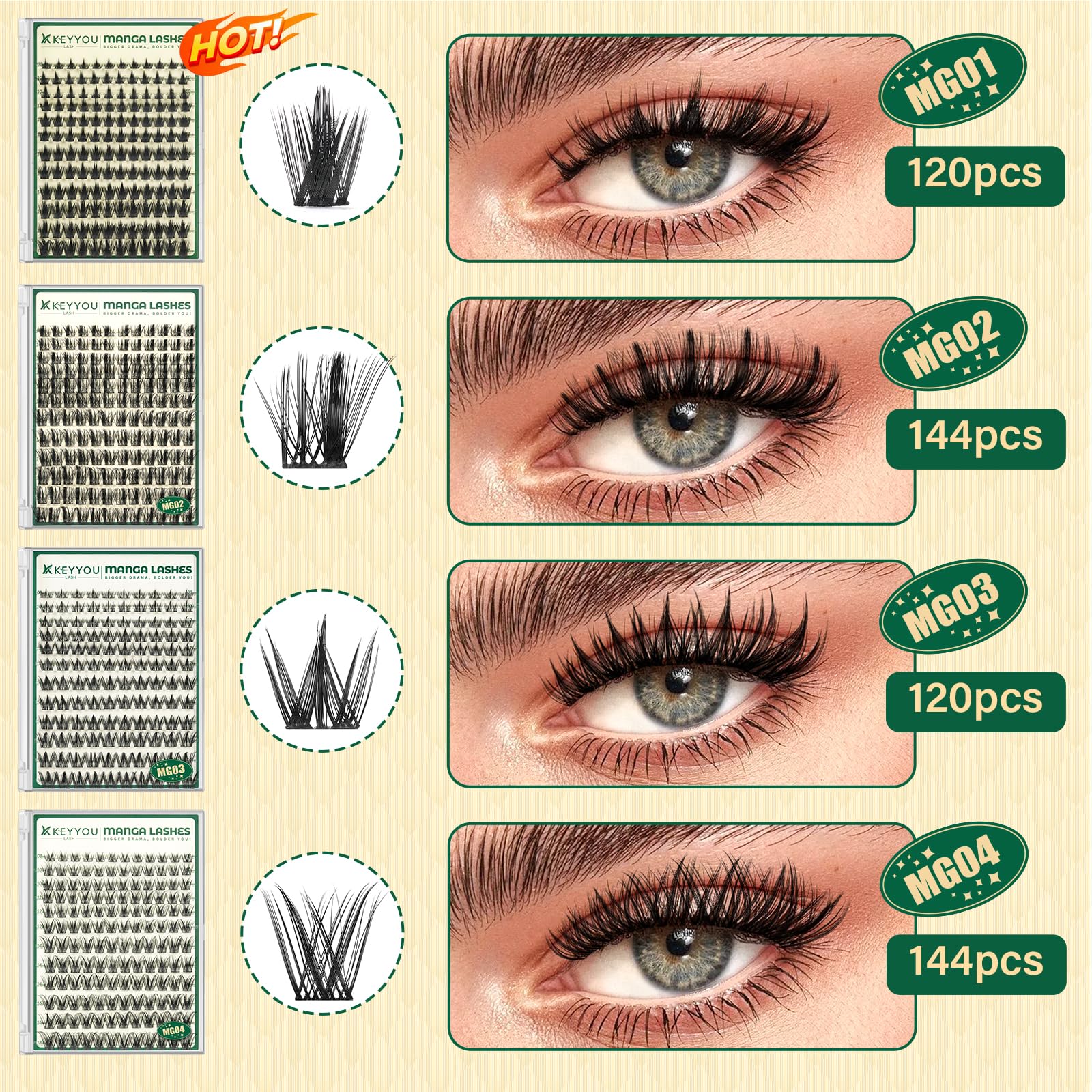 KEYYOU LASH manga clusters create a dramatic yet natural wispy finish.