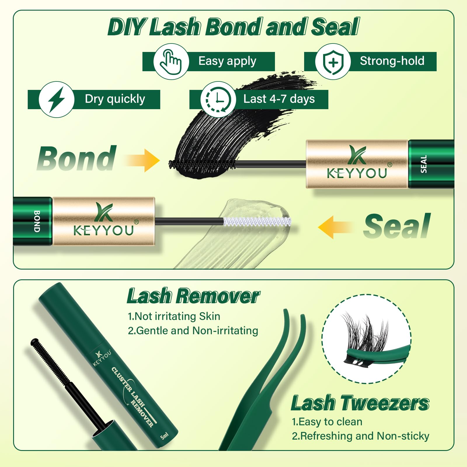 KEYYOU LASH Waterproof bond and seal delivers smudge-proof wear with comfortable feel.