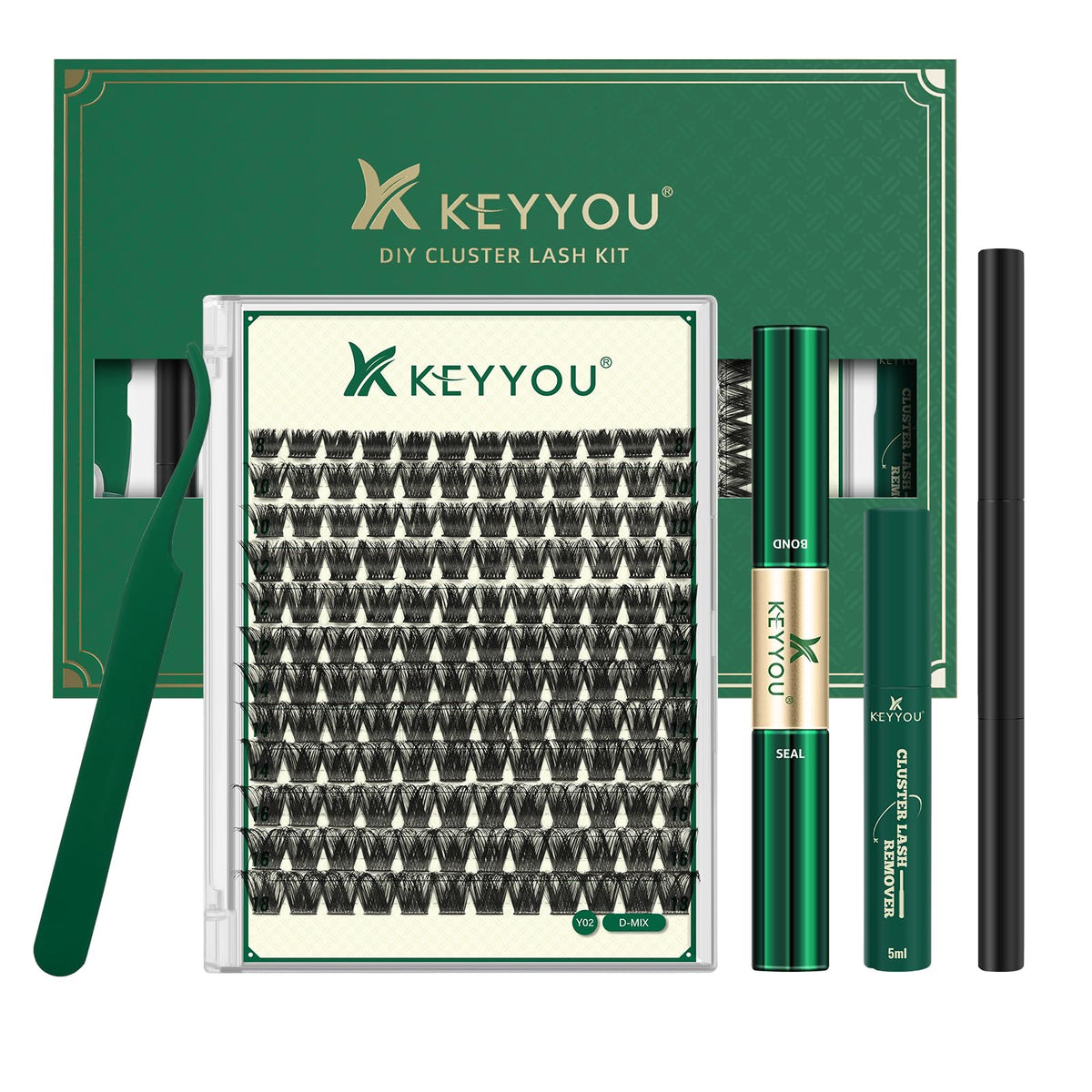 KEYYOU Y02 kit lash clusters close-up showing natural-looking lashes for at-home extensions