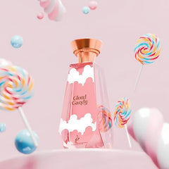 Khadlaj Cloud Candy fragrance note graphic illustrating strawberry, marshmallow, and musk layers.