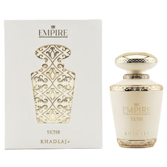 Khadlaj Empire Victor bottle-closeup highlights vanilla cream and cedar for evening allure.