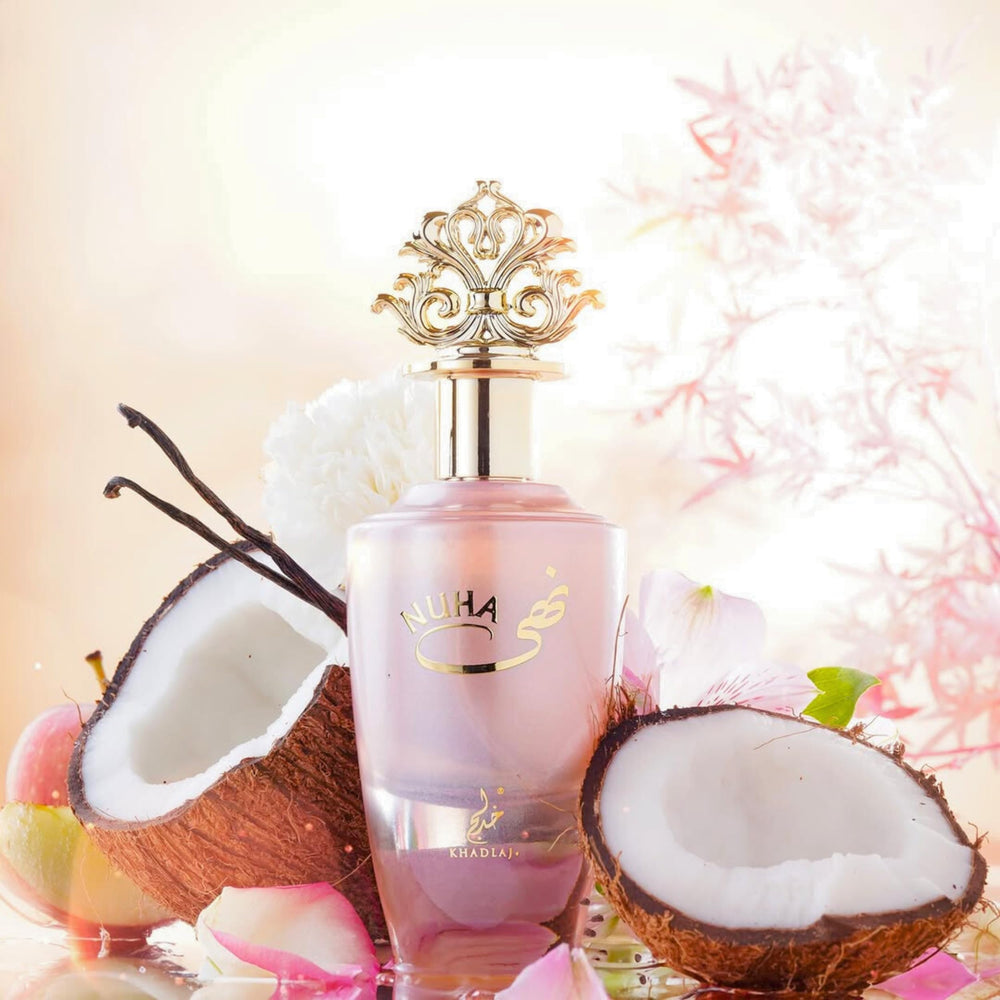 Khadlaj Nuha top notes of apple and coconut evoke a fresh, inviting opening.