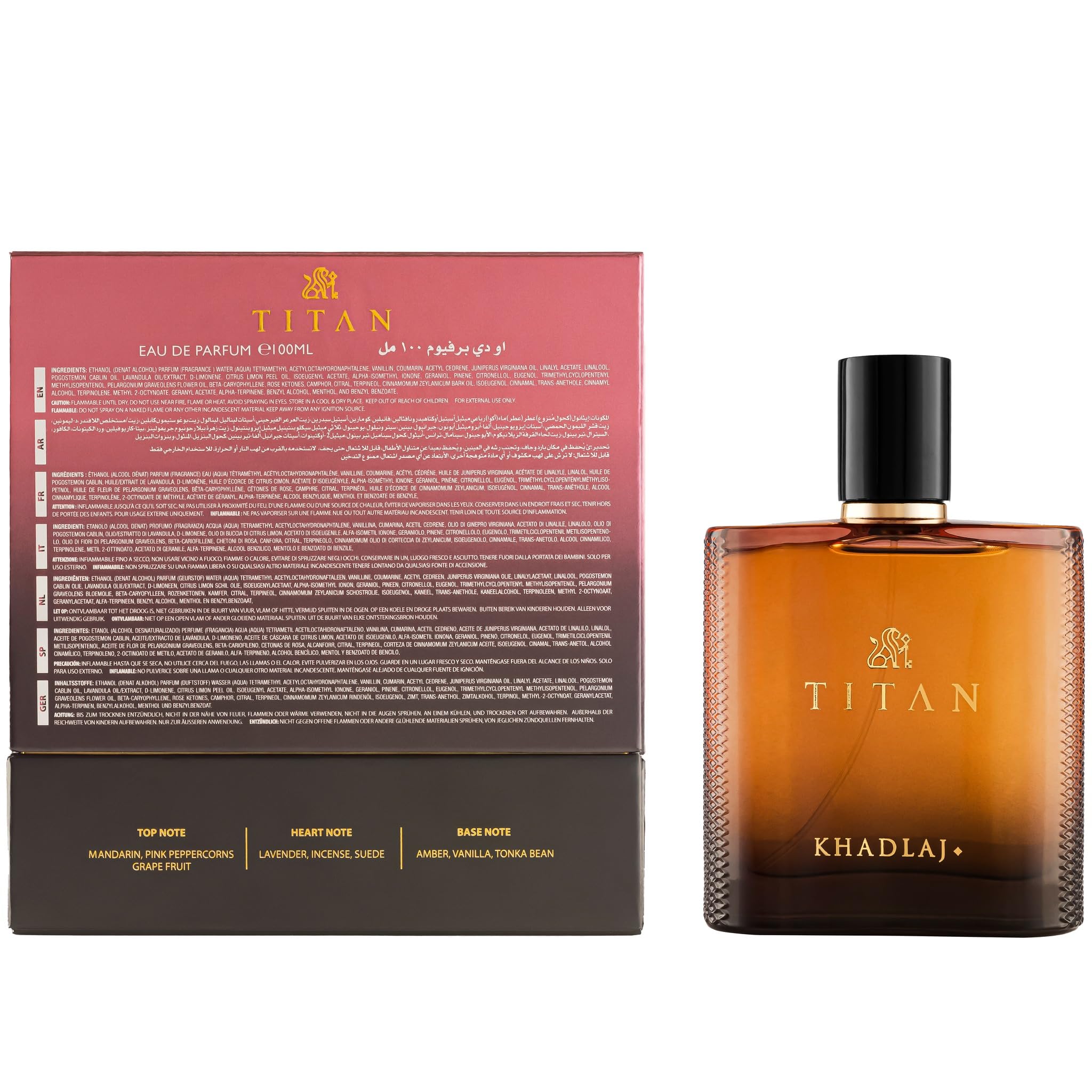 Khadlaj Titan base notes showcase amber and vanilla for warm, lasting elegance