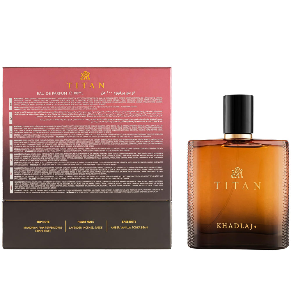 Khadlaj Titan base notes showcase amber and vanilla for warm, lasting elegance