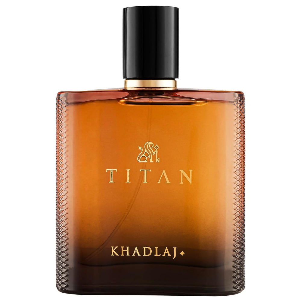 Khadlaj Titan bottle with top notes visible for a vibrant, long-lasting daytime wear