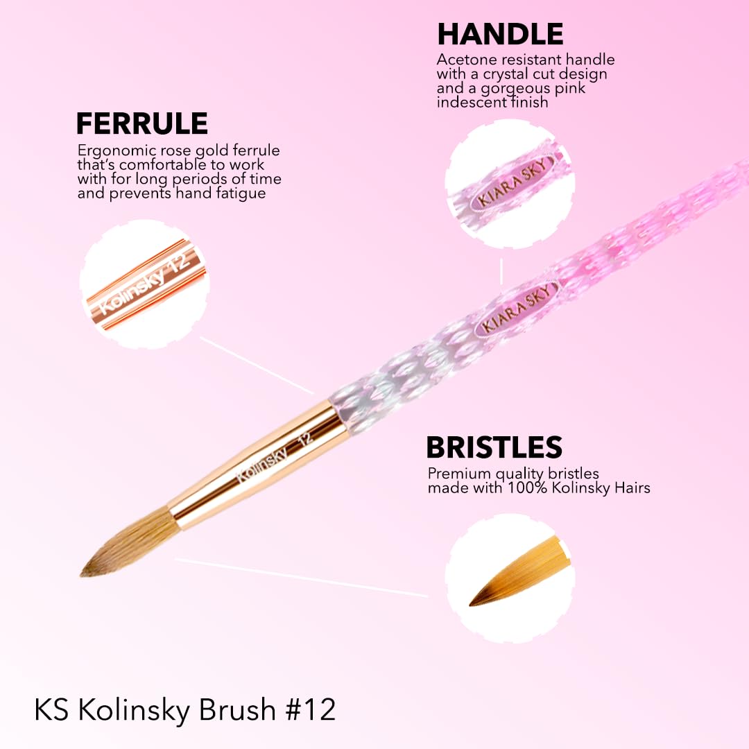 Kiara Sky acrylic brush 12 Kolinsky bristles for smooth pickup and control.