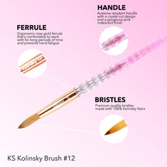Kiara Sky acrylic brush 12 Kolinsky bristles for smooth pickup and control.