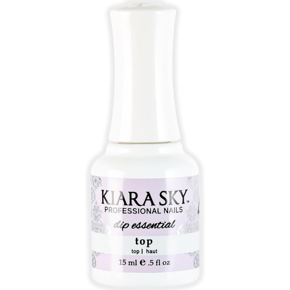 Kiara Sky Dip Top Coat bottle closeup highlights gel-like shine and long-lasting color.