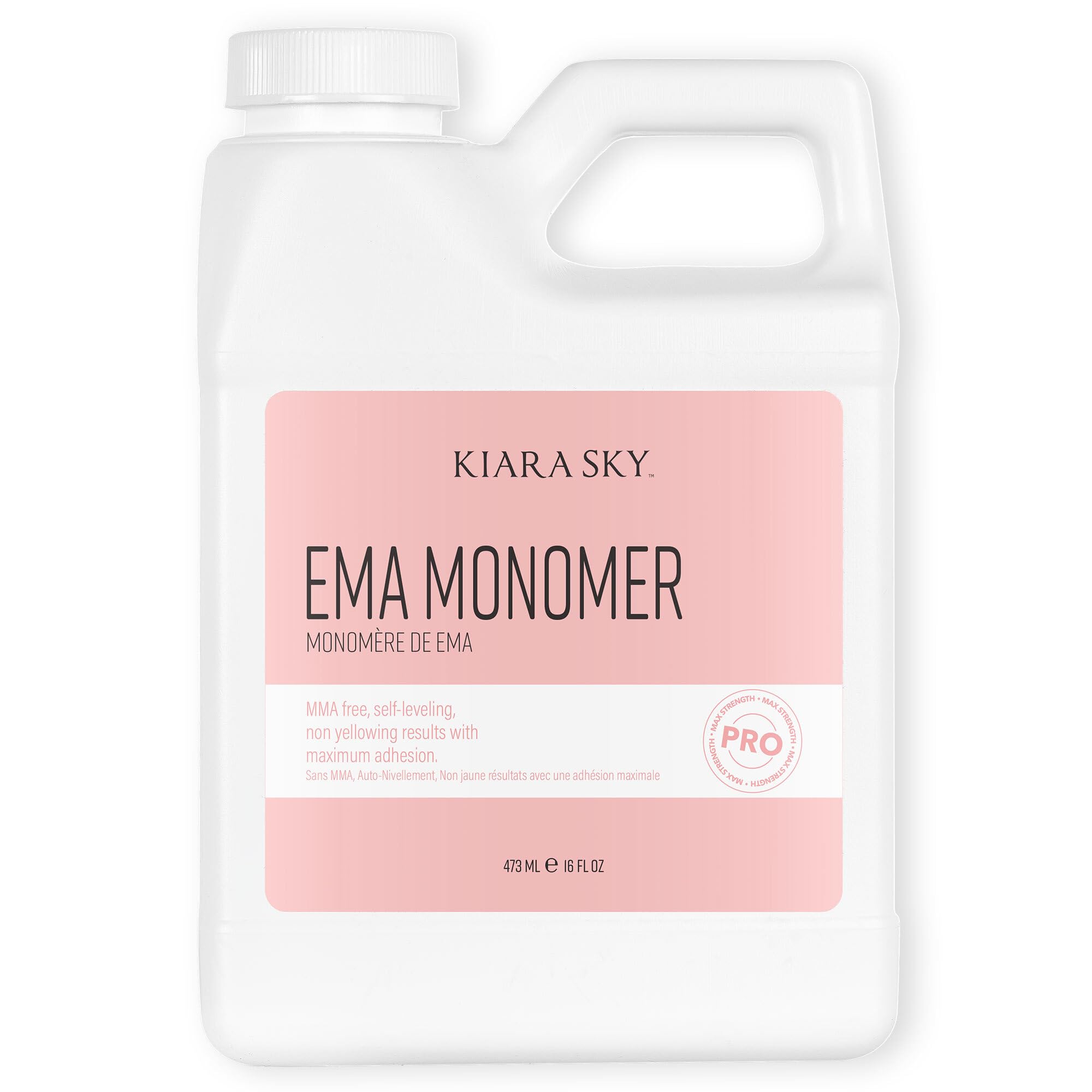 Kiara Sky EMA Monomer bottle front view highlighting self-leveling formula for smooth nails.